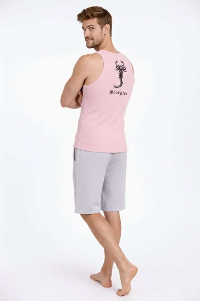 Erkek Fitilli Atlet Sıfır Yaka Slim Fit Arka Baskılı Spor Atlet – Pembe