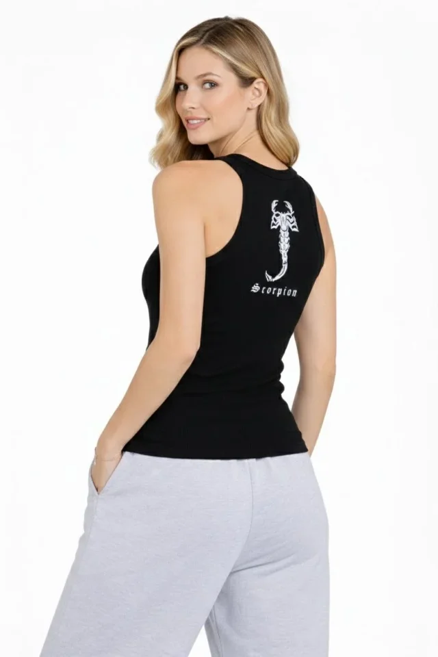 Fitilli Atlet Sıfır Yaka Slim Fit Arka Baskılı Spor Atlet - Siyah
