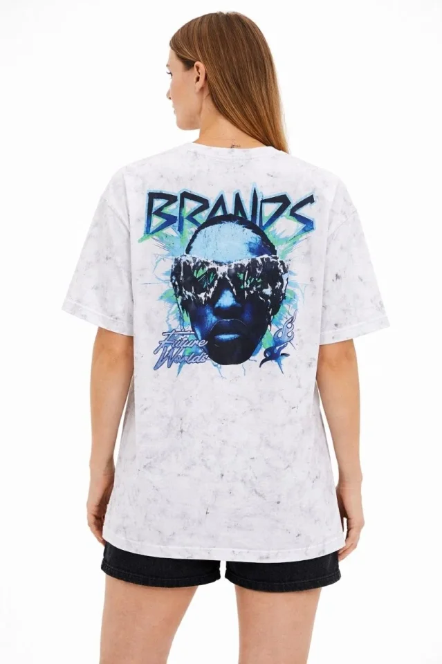 Asit Yıkamalı Oversize Tişört Future Worlds Baskılı Bisiklet Yaka Kısa Kollu Streetwear 0 Pamuk Stre