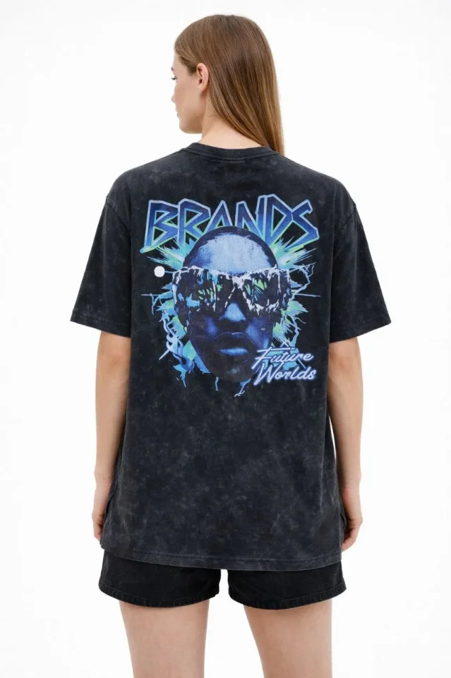 Asit Yıkamalı Oversize Tişört Future Worlds Baskılı Bisiklet Yaka Kısa Kollu Streetwear 0 Pamuk Stre