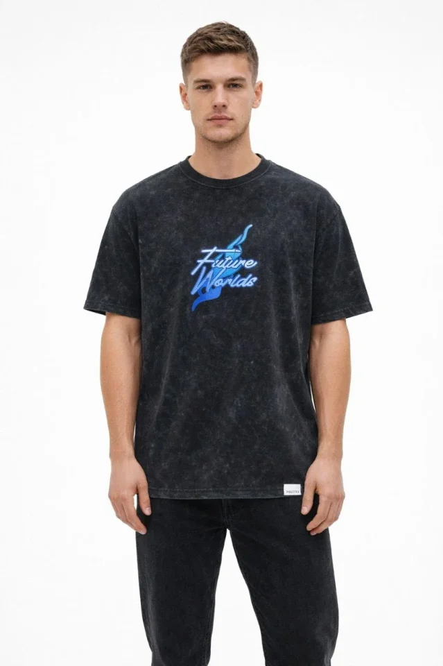 Erkek Asit Yıkamalı Oversize Tişört Future Worlds Baskılı Bisiklet Yaka Kısa Kollu Streetwear 0 Pamu