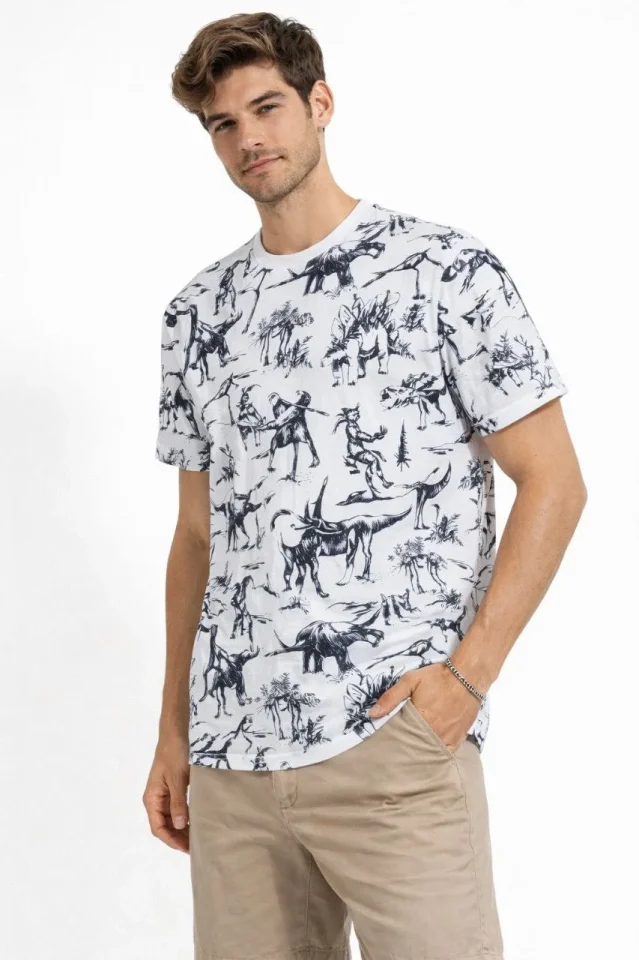 Erkek Beyaz Dinozor Desenli Tişört – Regular Fit, Bisiklet Yaka, Dijital Baskılı Pamuklu T-Shirt – B