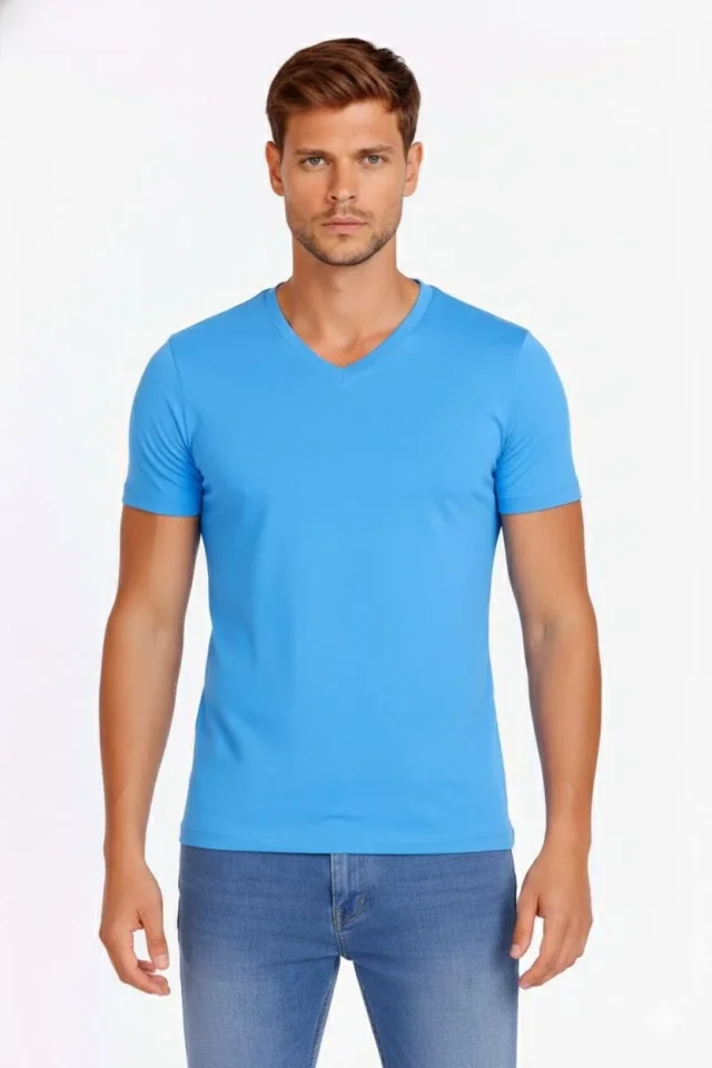Erkek T-Shirt V Yaka Slim Fit Dar Kesim Likralı Tişört Günlük Basic Body - Açık Mavi - Görsel 3