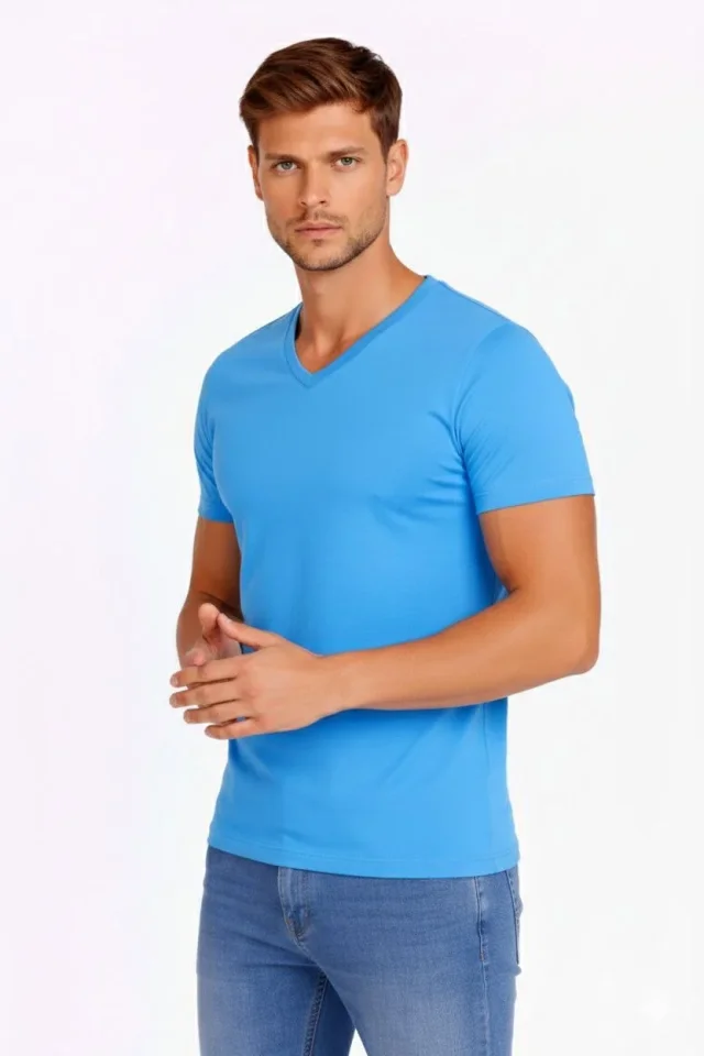 Erkek T-Shirt V Yaka Slim Fit Dar Kesim Likralı Tişört Günlük Basic Body - Açık Mavi - Görsel 4