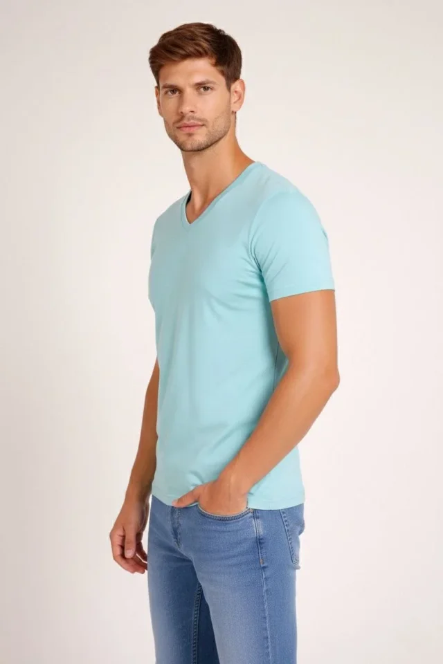 Erkek T-Shirt V Yaka Slim Fit Dar Kesim Likralı Tişört Günlük Basic Body - Turkuvaz