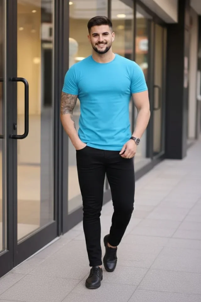 Erkek T-Shirt Bisiklet Yaka Slim Fit Dar Kesim Likralı Tişört Günlük Basic Body – Açık Mavi