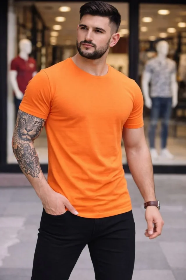Erkek T-Shirt Bisiklet Yaka Slim Fit Dar Kesim Likralı Tişört Günlük Basic Body - Turuncu - Görsel 3