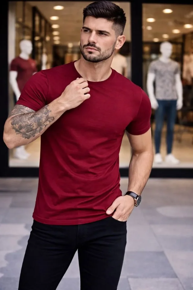 Erkek T-Shirt Bisiklet Yaka Slim Fit Dar Kesim Likralı Tişört Günlük Basic Body - Bordo - Görsel 3
