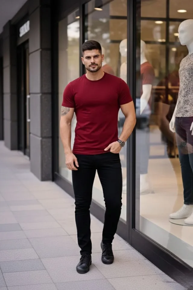 Erkek T-Shirt Bisiklet Yaka Slim Fit Dar Kesim Likralı Tişört Günlük Basic Body - Bordo - Görsel 4