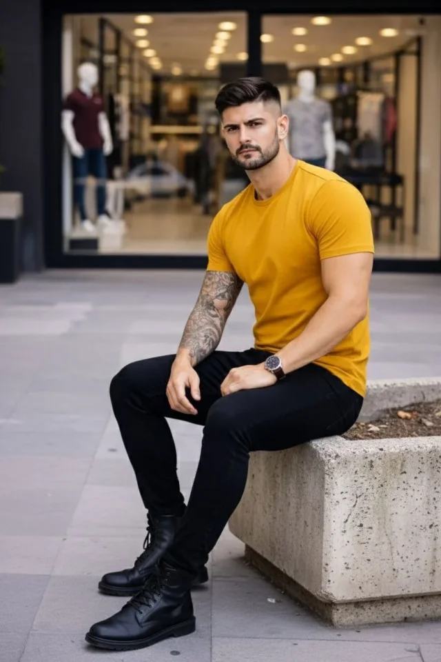 Erkek T-Shirt Bisiklet Yaka Slim Fit Dar Kesim Likralı Tişört Günlük Basic Body - Limon - Görsel 4