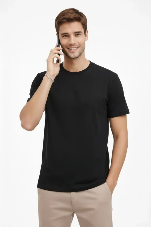Erkek Bisiklet Yaka Tişört Regular Kalıp Basic Pamuklu Günlük Kullanım T-shirt – Siyah