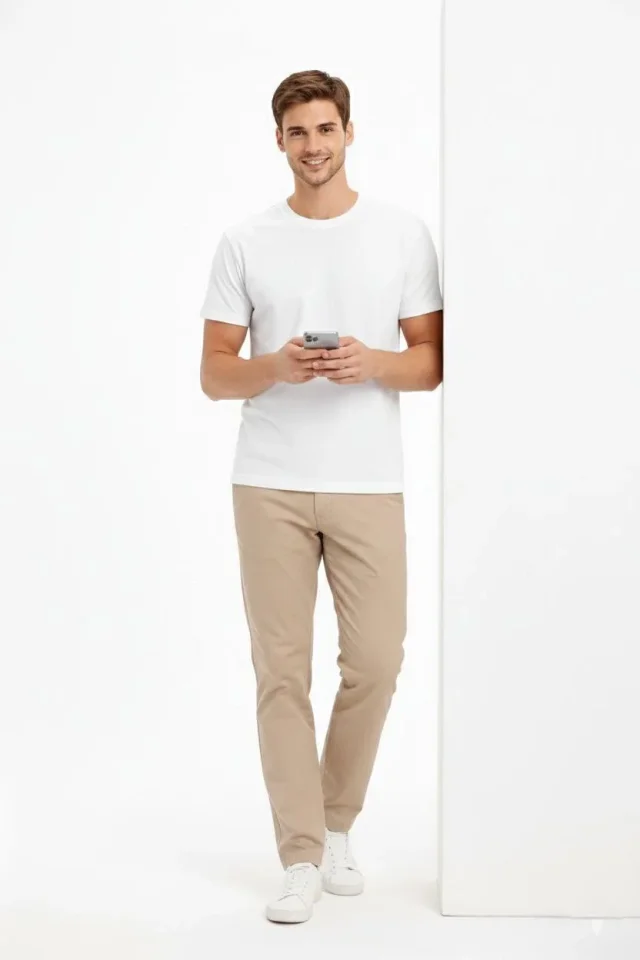 Erkek Bisiklet Yaka Tişört Regular Kalıp Basic Pamuklu Günlük Kullanım T-shirt – Beyaz