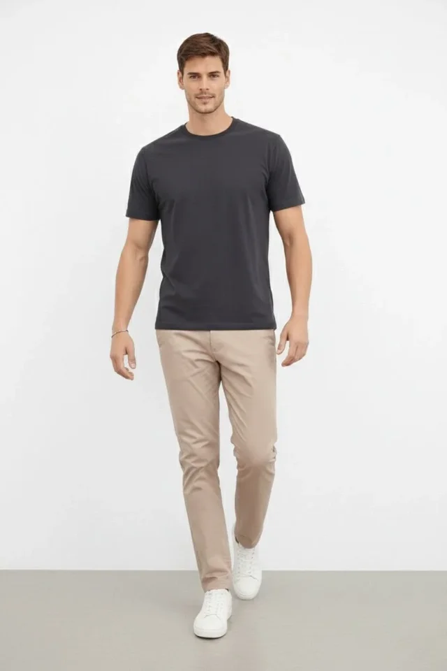 Erkek Bisiklet Yaka Tişört Regular Kalıp Basic Pamuklu Günlük Kullanım T-shirt - Füme - Görsel 3