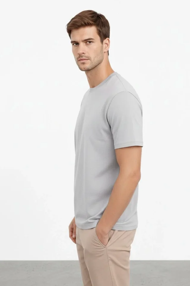 Erkek Bisiklet Yaka Tişört Regular Kalıp Basic Pamuklu Günlük Kullanım T-shirt – Gri