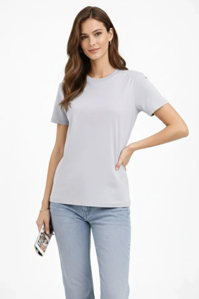 Bisiklet Yaka Tişört Regular Kalıp Basic Pamuklu Günlük Kullanım T-shirt – Gri