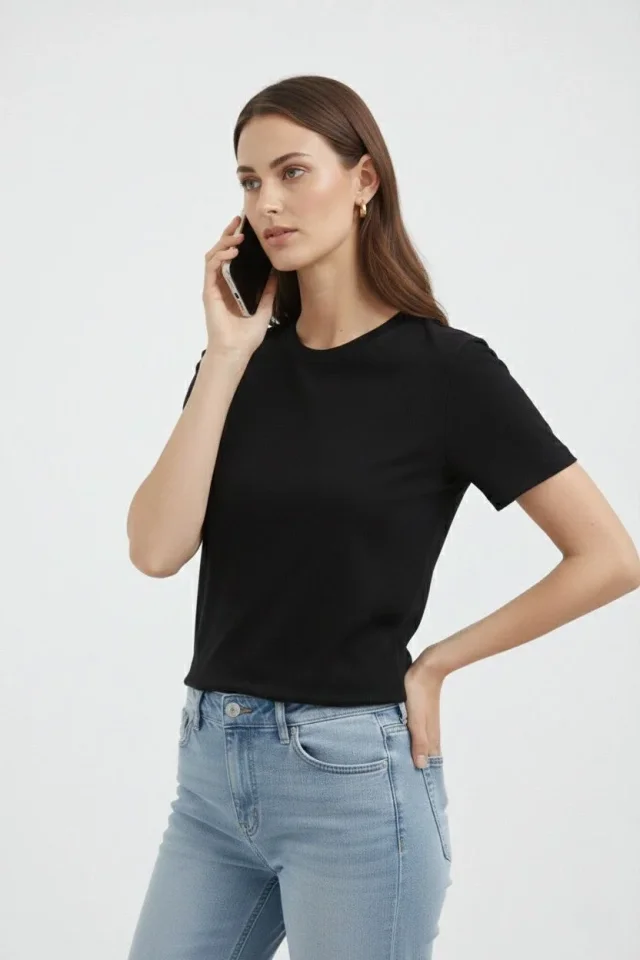 Bisiklet Yaka Tişört Regular Kalıp Basic Pamuklu Günlük Kullanım T-shirt – Siyah