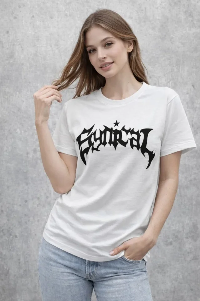 Bisiklet Yaka Ön Baskılı Kısa Kollu Tişört Streetwear Günlük Basic Pamuklu T-shirt – Beyaz