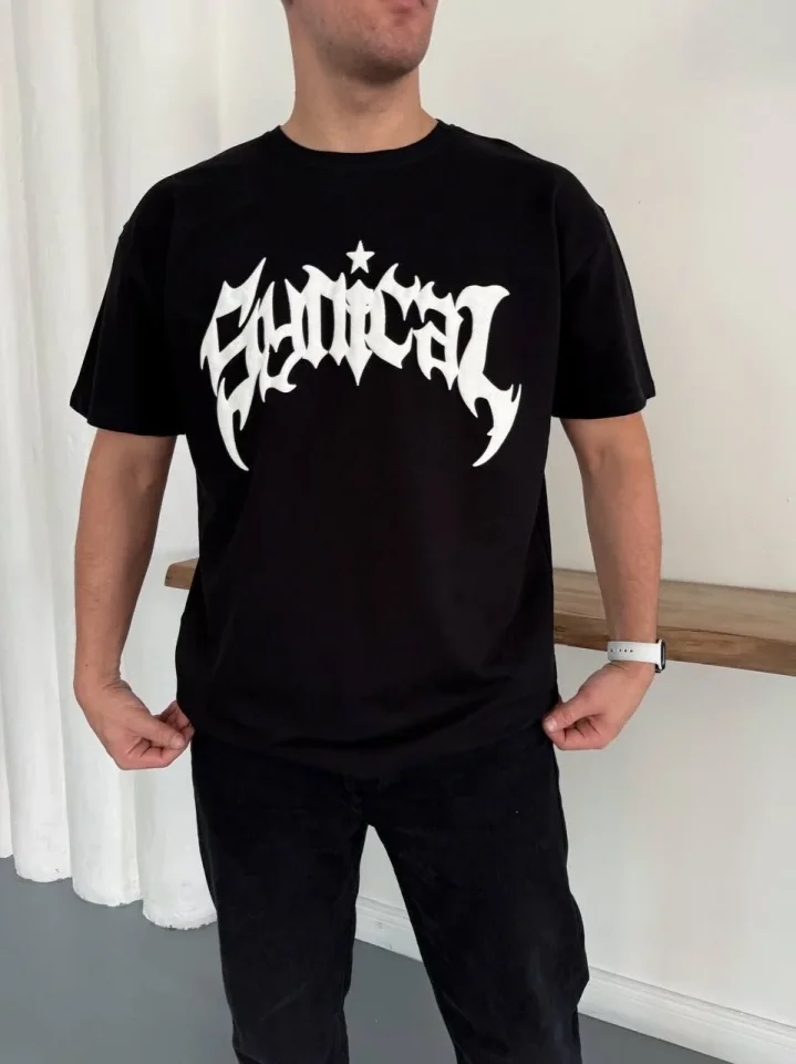 Erkek Bisiklet Yaka Ön Baskılı Kısa Kollu Tişört Streetwear Günlük Basic Pamuklu T-shirt – Siyah