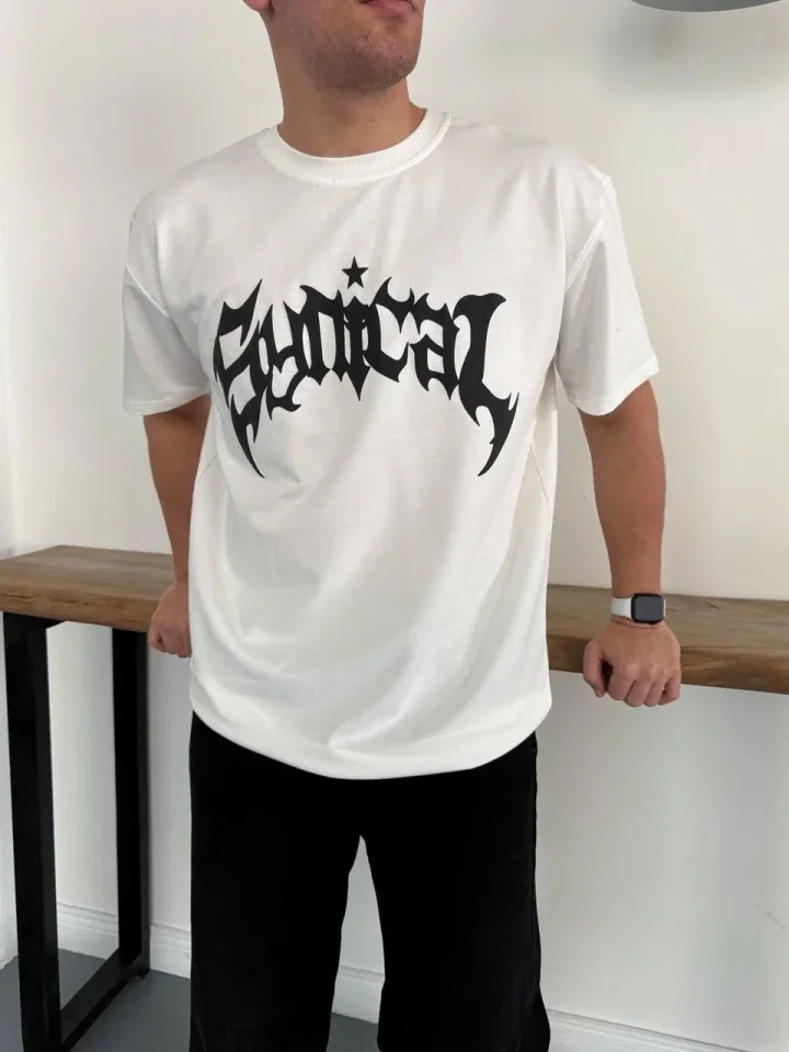 Erkek Bisiklet Yaka Ön Baskılı Kısa Kollu Tişört Streetwear Günlük Basic Pamuklu T-shirt – Beyaz
