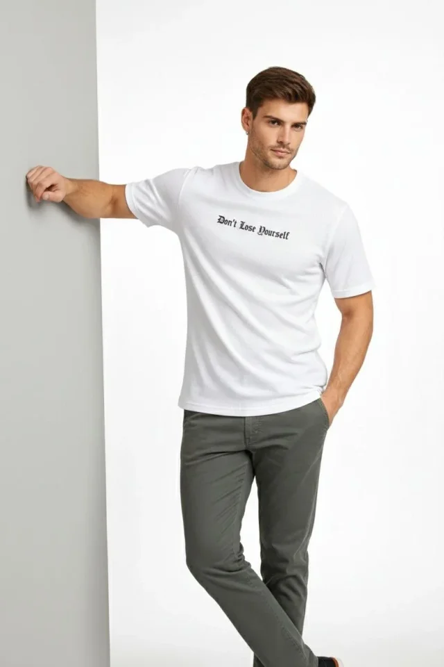 Erkek Wafıl Kumaş Tişört Regular Kalıp Bisiklet Yaka Baskılı Günlük Basic T-Shirt – Beyaz