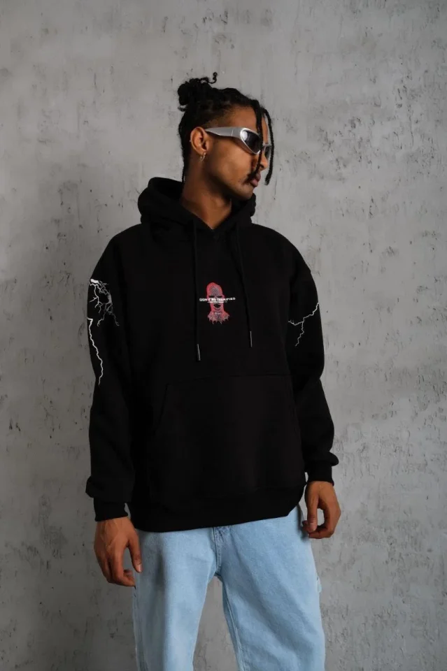 Erkek Oversize Üç İplik Kapüşonlu Sweatshirt – Siyah “Don’t Be Terrified” Ön, Sırt Ve Kol Baskılı, K
