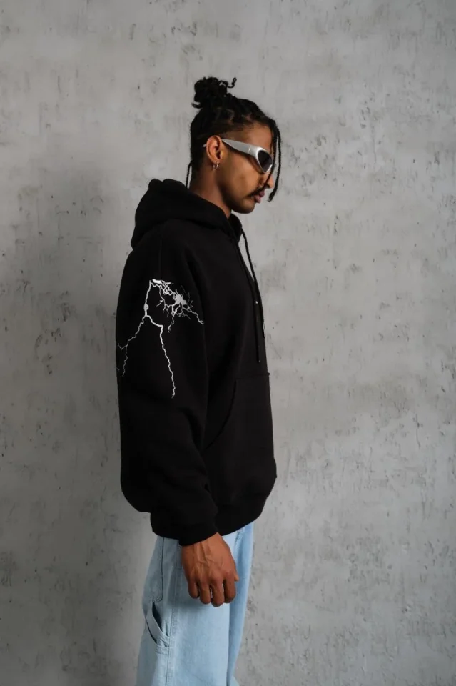 Erkek Oversize Üç İplik Kapüşonlu Sweatshirt – Siyah “Don’t Be Terrified” Ön, Sırt Ve Kol Baskılı, K - Görsel 3