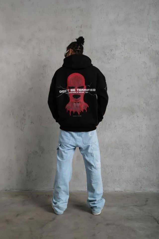 Erkek Oversize Üç İplik Kapüşonlu Sweatshirt – Siyah “Don’t Be Terrified” Ön, Sırt Ve Kol Baskılı, K - Görsel 4