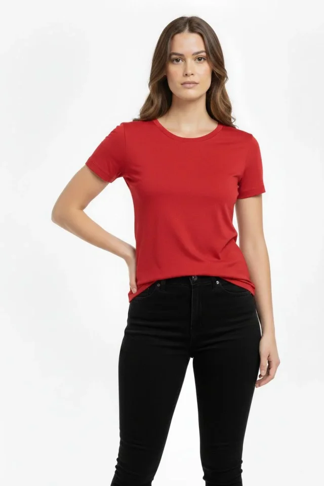 T-Shirt Bisiklet Yaka Slim Fit Likralı Tişört Günlük Basic Body – Kırmızı