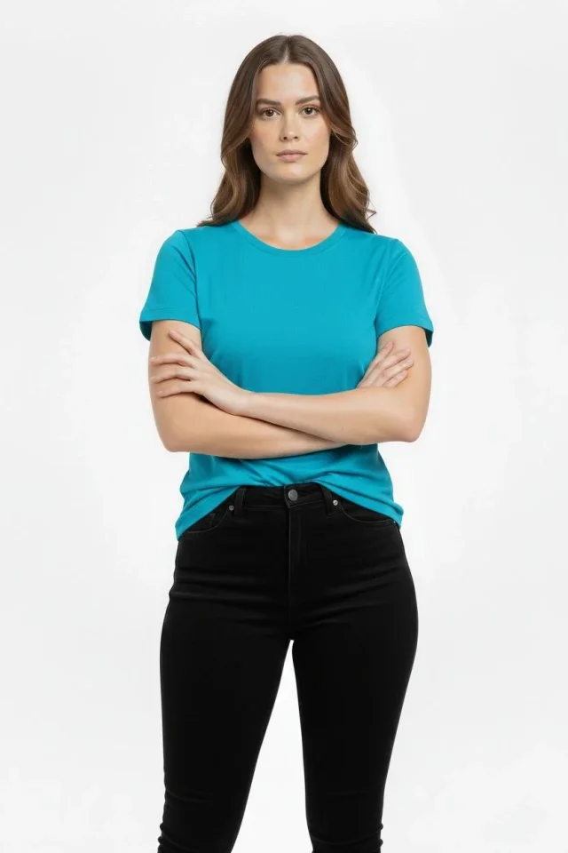 T-Shirt Bisiklet Yaka Slim Fit Likralı Tişört Günlük Basic Body - Turkuvaz - Görsel 3
