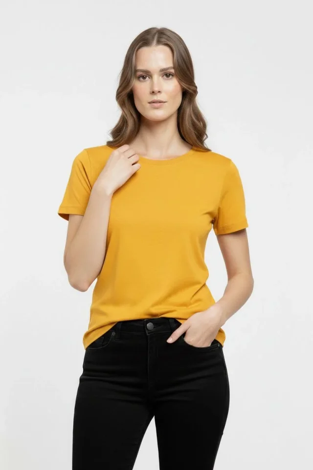 T-Shirt Bisiklet Yaka Slim Fit Likralı Tişört Günlük Basic Body – Sarı