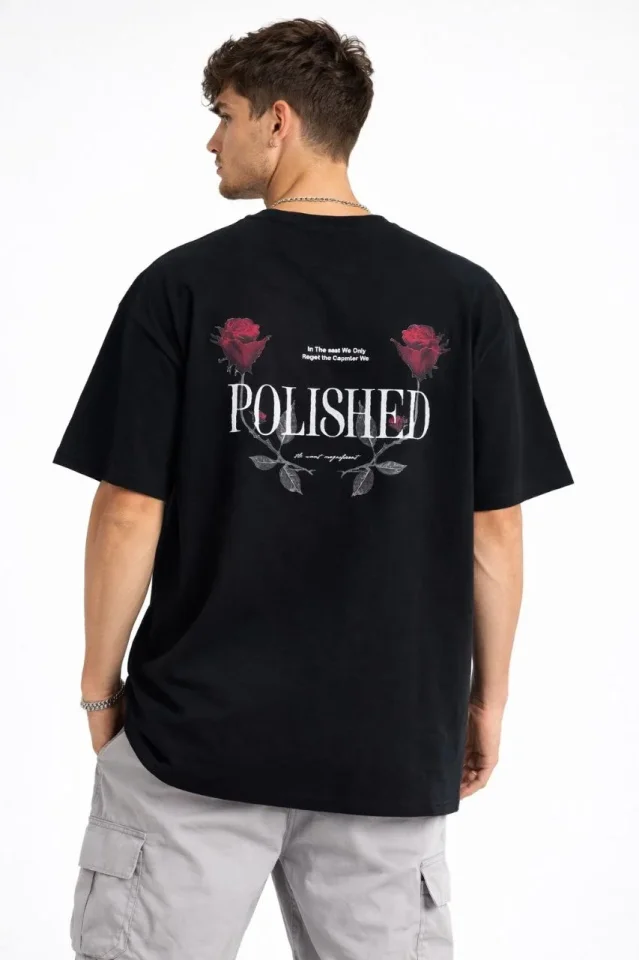 Erkek Bisiklet Yaka Baskılı Kısa Kollu Tişört Streetwear Günlük Basic Pamuklu T-shirt – Siyah