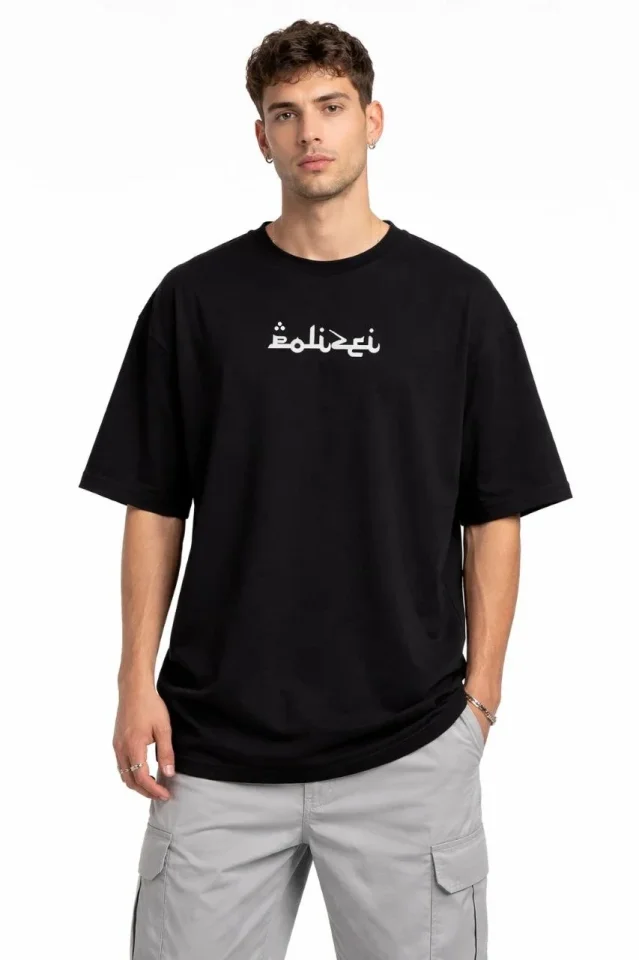 Erkek Bisiklet Yaka Baskılı Kısa Kollu Tişört Streetwear Günlük Basic Pamuklu T-shirt - Siyah - Görsel 3