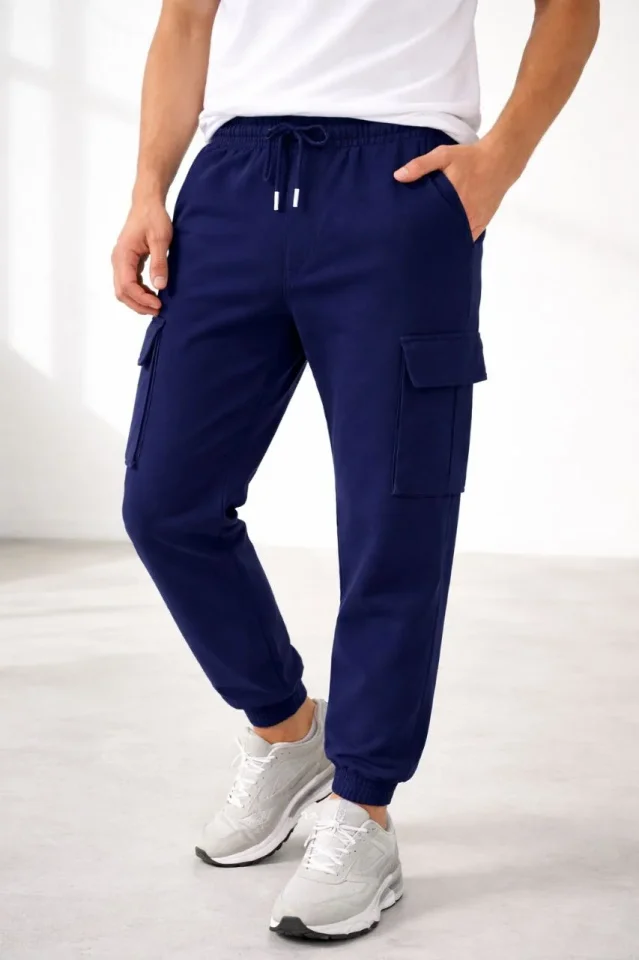 Erkek Jogger Eşofman Altı Regular Fit, Kargo Cepli, Lastikli Paça, Günlük Spor Pantolon - Lacivert - Görsel 2
