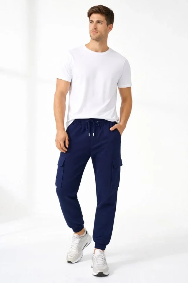 Erkek Jogger Eşofman Altı Regular Fit, Kargo Cepli, Lastikli Paça, Günlük Spor Pantolon - Lacivert - Görsel 3