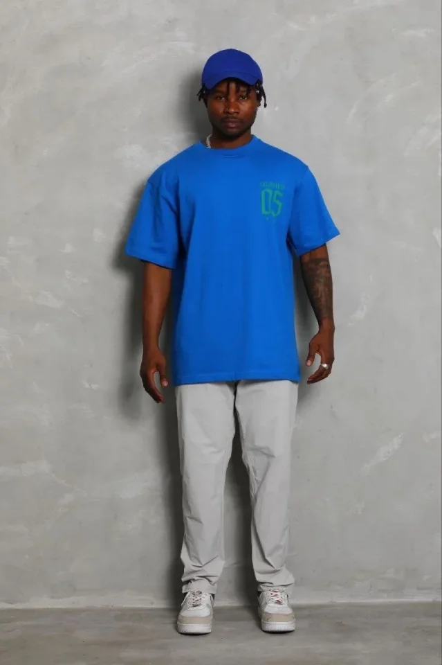 Erkek Baskılı T-Shirt Kısa Kol Bisiklet Yaka Regular Fit Rahat Kalıp Günlük Tişört - Saks Mavisi