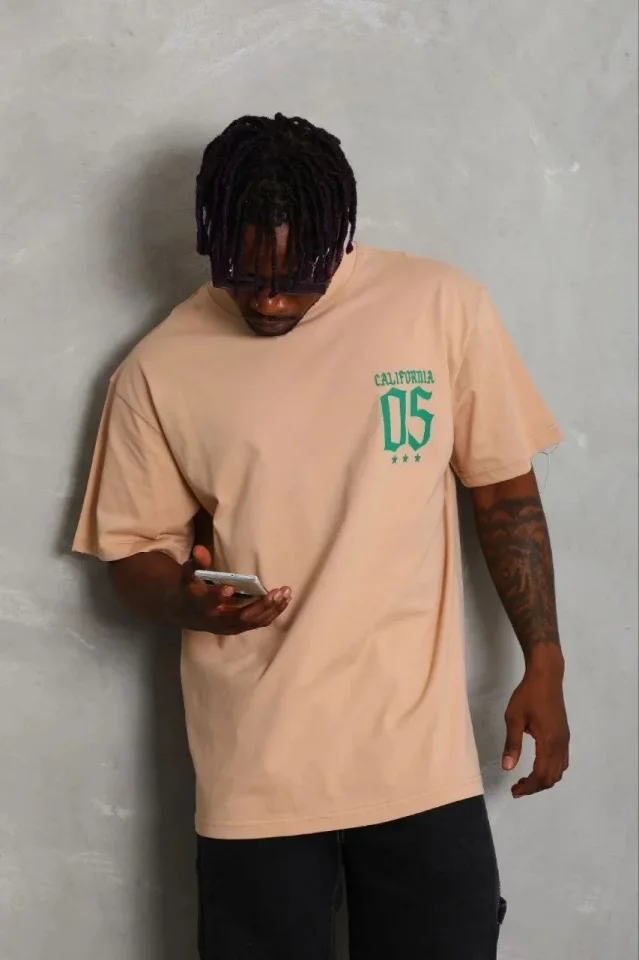 Erkek Baskılı T-Shirt Kısa Kol Bisiklet Yaka Regular Fit Rahat Kalıp Günlük Tişört – Bej