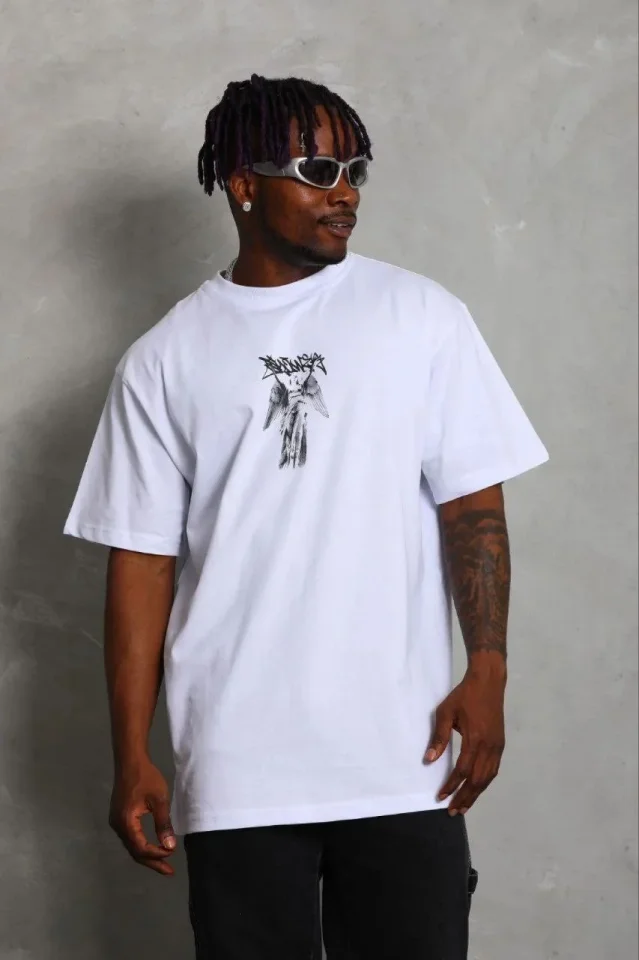 Erkek Baskılı T-Shirt Kısa Kol Bisiklet Yaka Regular Fit Rahat Kalıp Günlük Tişört – Beyaz