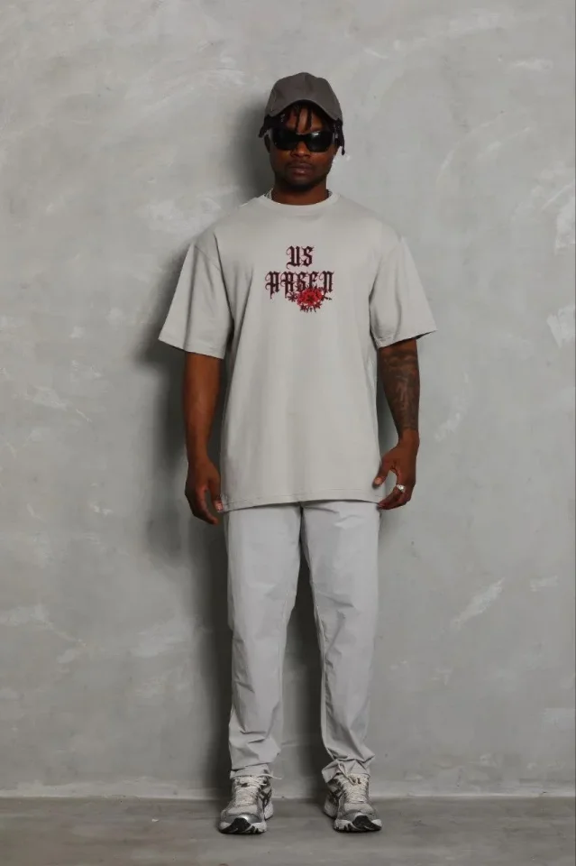 Erkek Baskılı T-Shirt Kısa Kol Bisiklet Yaka Regular Fit Rahat Kalıp Günlük Tişört - Gri - Görsel 3