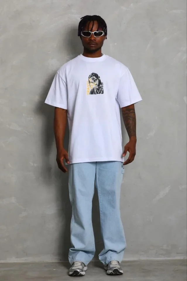Erkek Baskılı T-Shirt Kısa Kol Bisiklet Yaka Regular Fit Rahat Kalıp Günlük Tişört – Beyaz