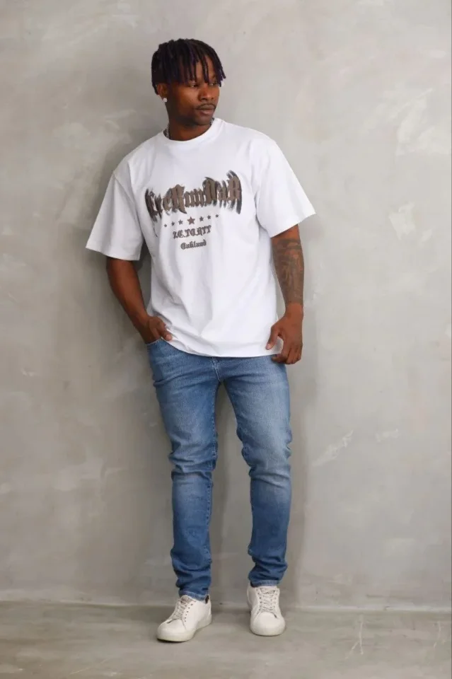 Erkek Baskılı T-Shirt Kısa Kol Bisiklet Yaka Regular Fit Rahat Kalıp Günlük Tişört – Beyaz