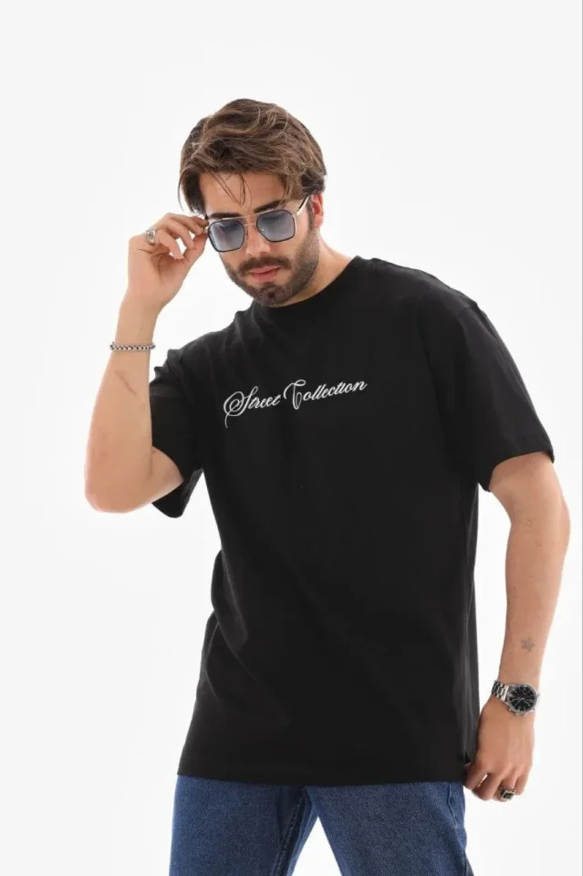 Erkek Baskılı T-Shirt Kısa Kol Bisiklet Yaka Regular Fit Rahat Kalıp Günlük Tişört - Siyah - Görsel 3