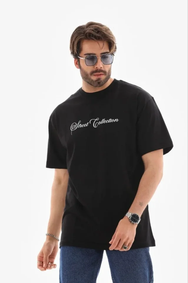 Erkek Baskılı T-Shirt Kısa Kol Bisiklet Yaka Regular Fit Rahat Kalıp Günlük Tişört - Siyah - Görsel 4