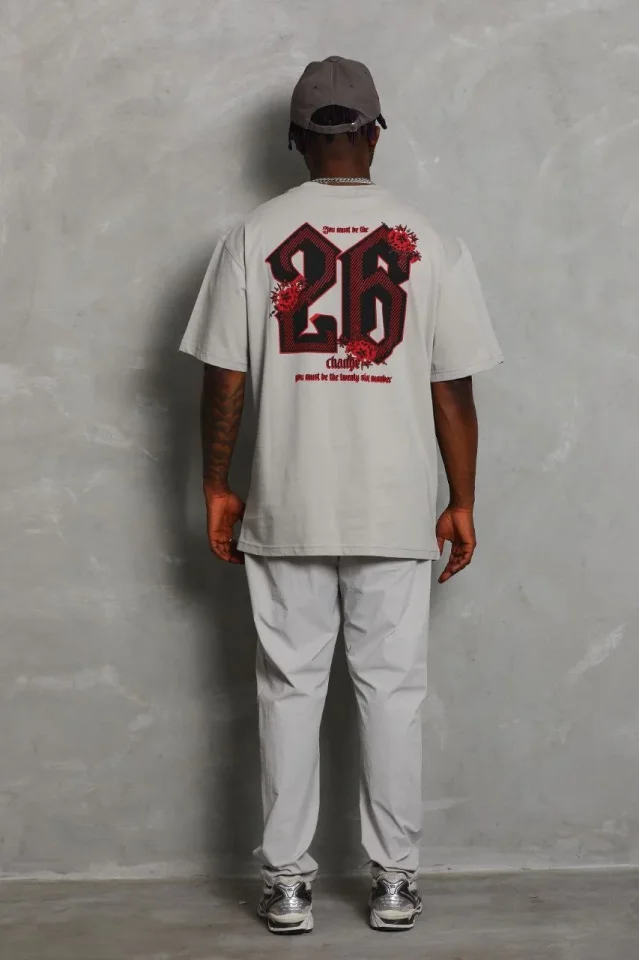 ERKEK Oversize Baskılı Bisiklet Yaka T-Shirt - Gri - Görsel 3