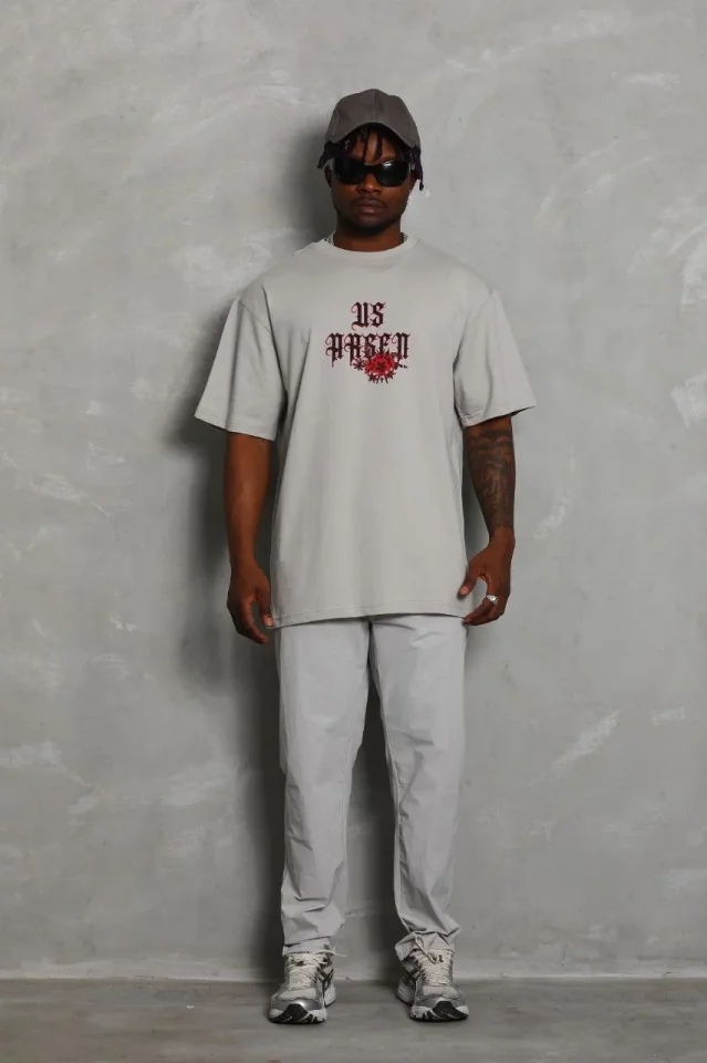 ERKEK Oversize Baskılı Bisiklet Yaka T-Shirt - Gri - Görsel 4