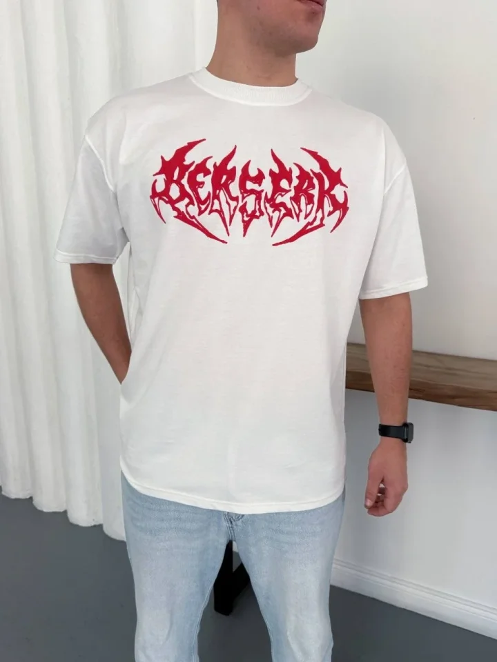 Erkek Baskılı T-Shirt Yazlık Kısa Kol Bisiklet Yaka Rahat Kalıp Tişört – Beyaz