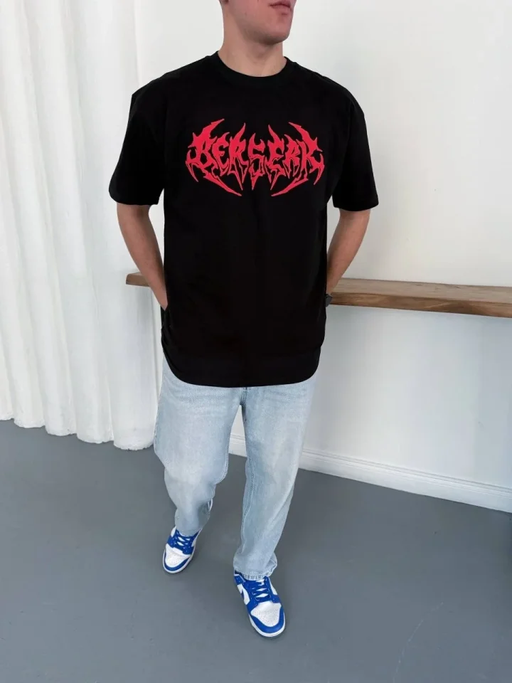 Erkek Baskılı T-Shirt Yazlık Kısa Kol Bisiklet Yaka Rahat Kalıp Tişört – Siyah