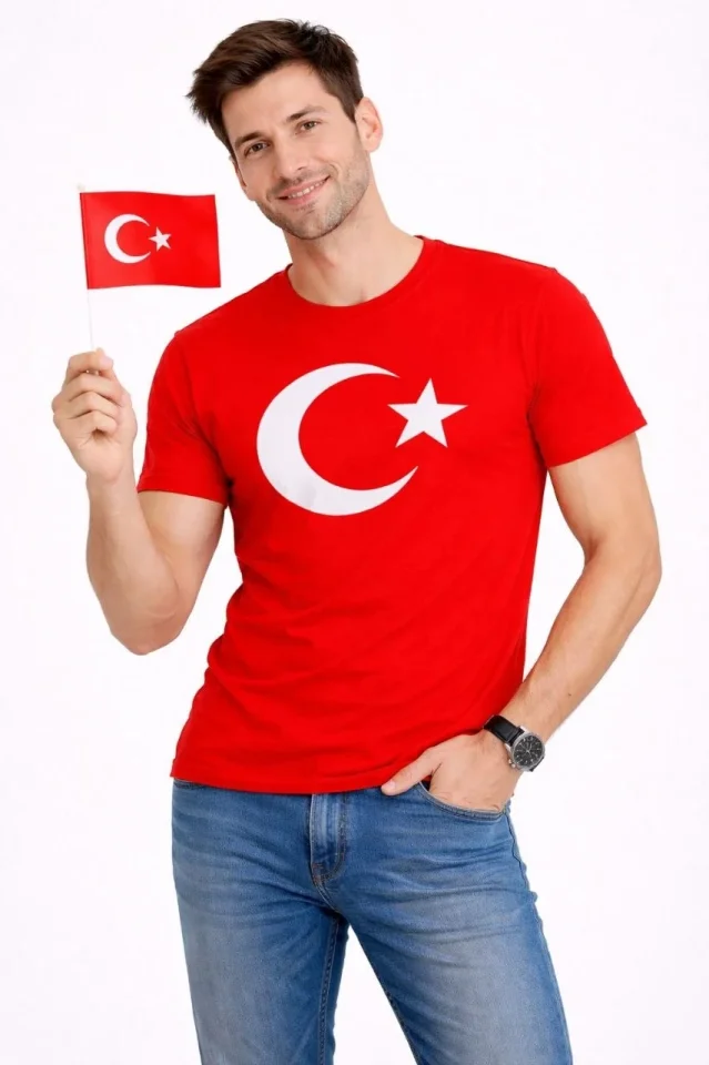 Erkek T-Shirt Kısa Kol Bisiklet Yaka Ay Yıldız Bayrak Baskılı Tişört – Kırmızı