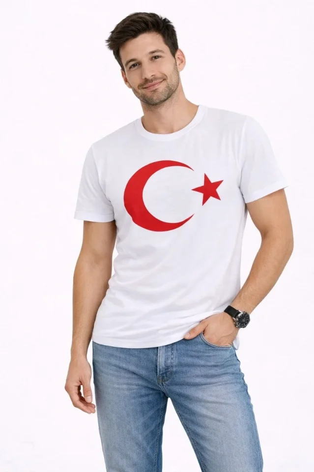 Erkek T-Shirt Kısa Kol Bisiklet Yaka Ay Yıldız Bayrak Baskılı Tişört – Beyaz