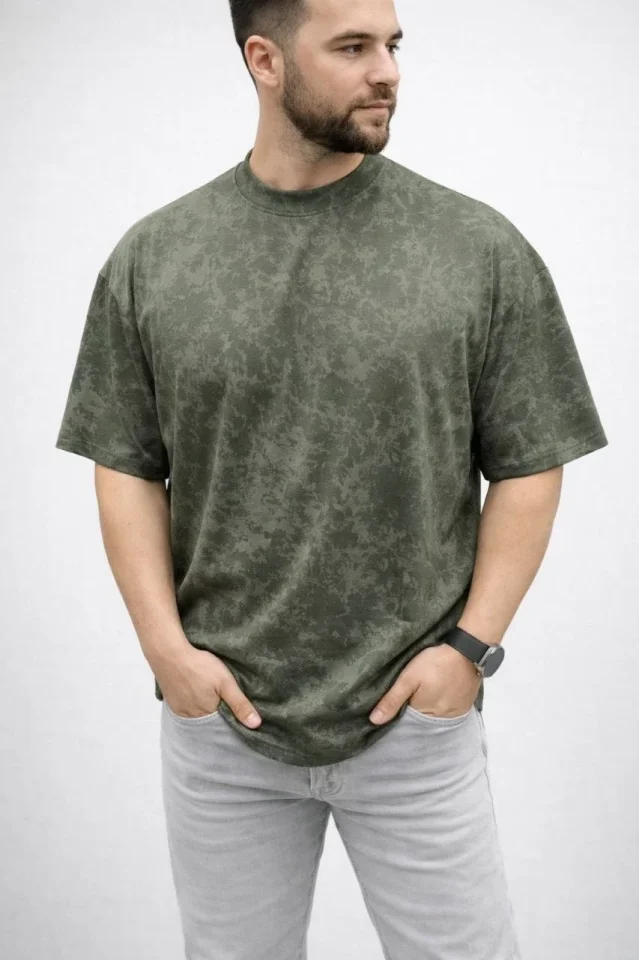 Erkek Premium Tişört OSY Yumuşak Dokulu Yıkamalı Oversize T-Shirt - Haki