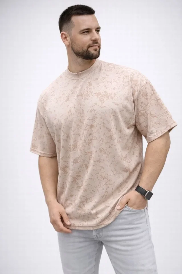 Erkek Premium Tişört OSY Yumuşak Dokulu Yıkamalı Oversize T-Shirt - Bej - Görsel 3